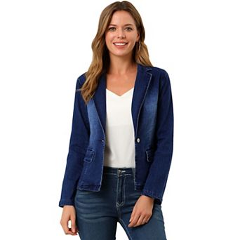 Women's Notched Lapel Button Up Long Sleeve Washed Denim Jacket