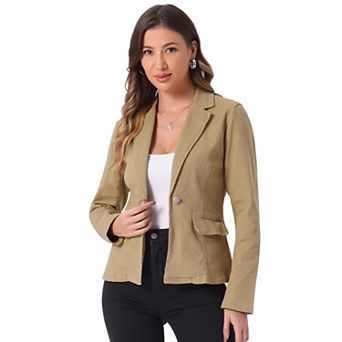 Women's Notched Lapel Button Up Long Sleeve Washed Denim Jacket
