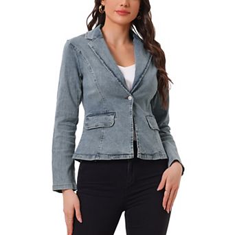 Women's Notched Lapel Button Up Long Sleeve Washed Denim Jacket