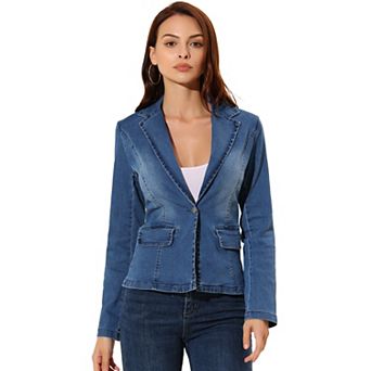 Women's Notched Lapel Button Up Long Sleeve Washed Denim Jacket