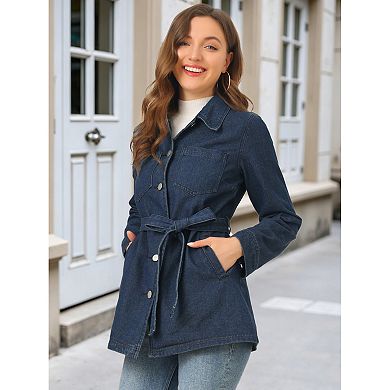 Women's Raglan Sleeves Button Up Tie Belt Waist Boyfriend Denim Jacket
