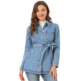 Women's Raglan Sleeves Button Up Tie Belt Waist Boyfriend Denim Jacket