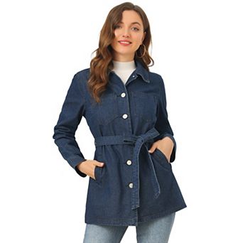 Women's Raglan Sleeves Button Up Tie Belt Waist Boyfriend Denim Jacket