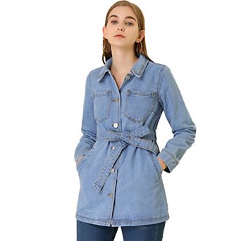 Women's Raglan Sleeves Button Up Tie Belt Waist Boyfriend Denim Jacket