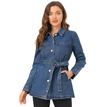 Women's Raglan Sleeves Button Up Tie Belt Waist Boyfriend Denim Jacket