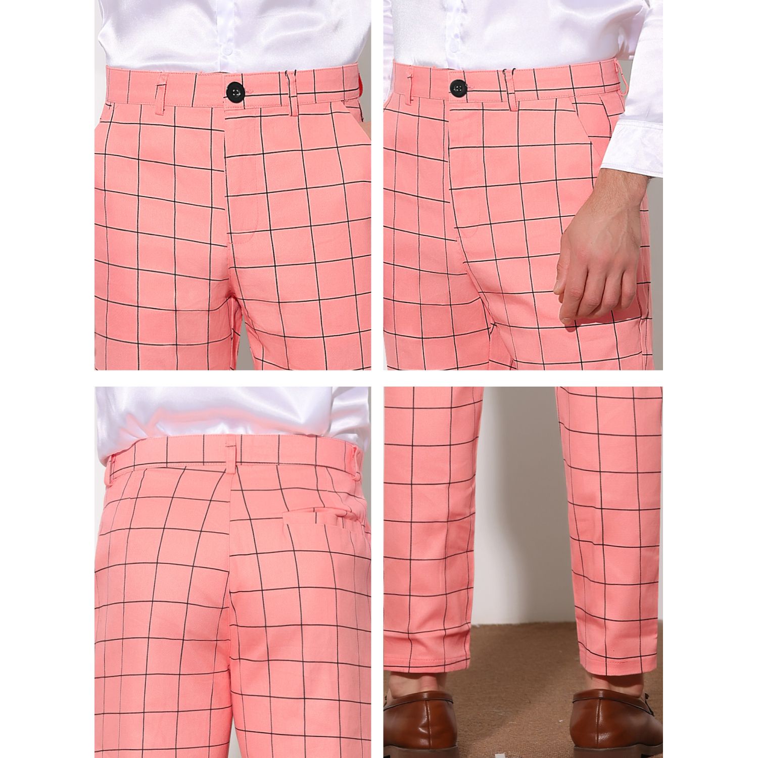 Men's Plaid Slim Fit Flat Front Dress Pants With Pockets