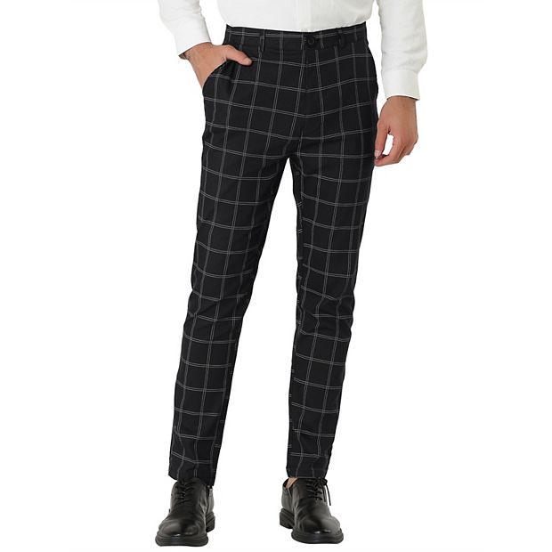 black and grey plaid dress pants Mens Plaid Dress Pants Flat-Front Slim Fit Windowpane Trousers For Business  Wedding prom main image 1