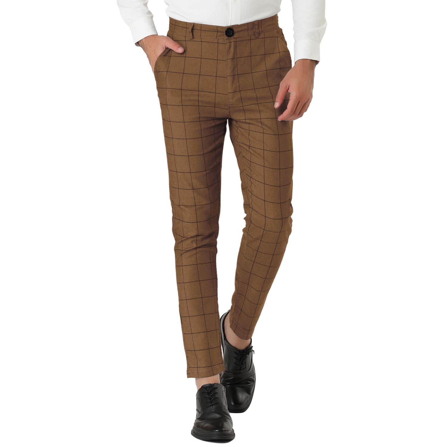 Men S Plaid Slim Fit Flat Front Dress Pants With Pockets   6466545 Brown