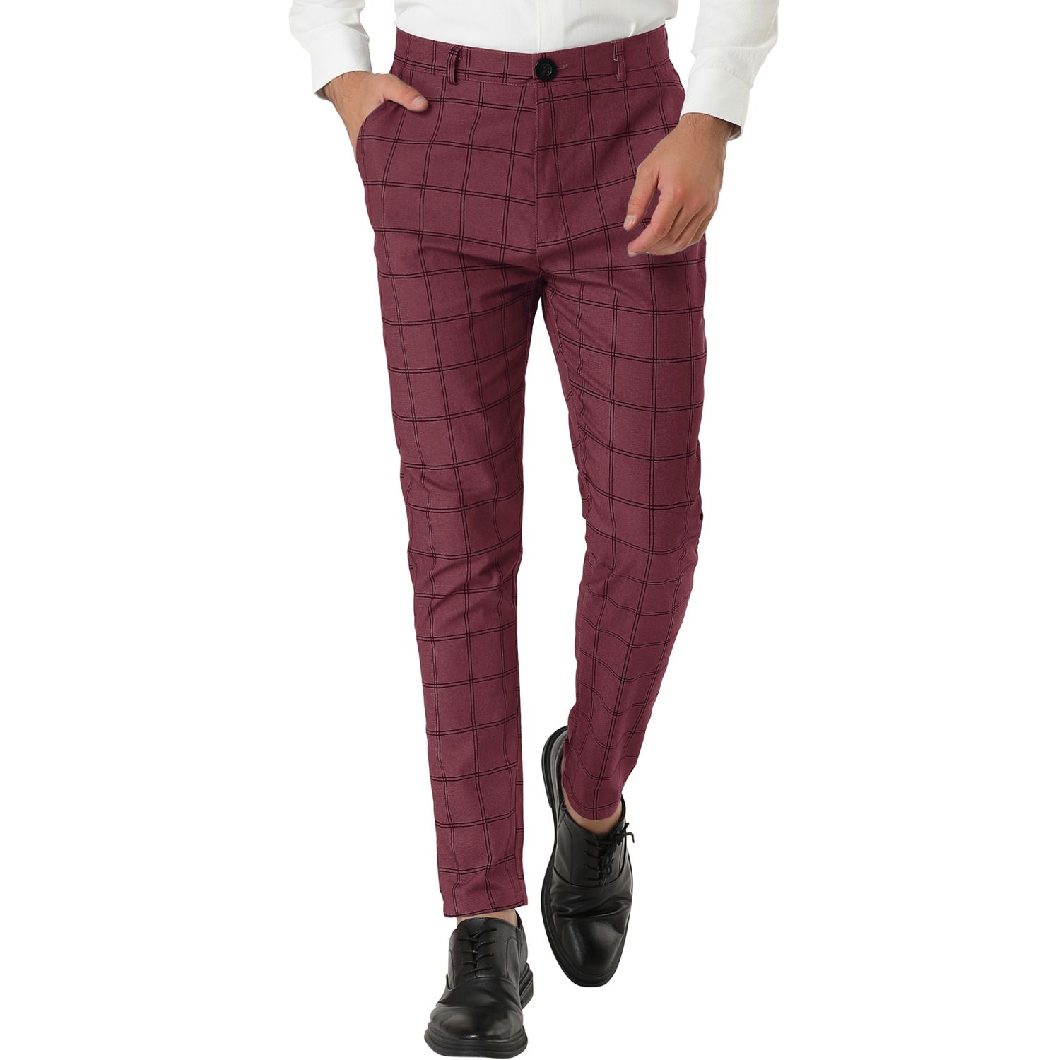 Men's Plaid Slim Fit Flat Front Dress Pants With Pockets
