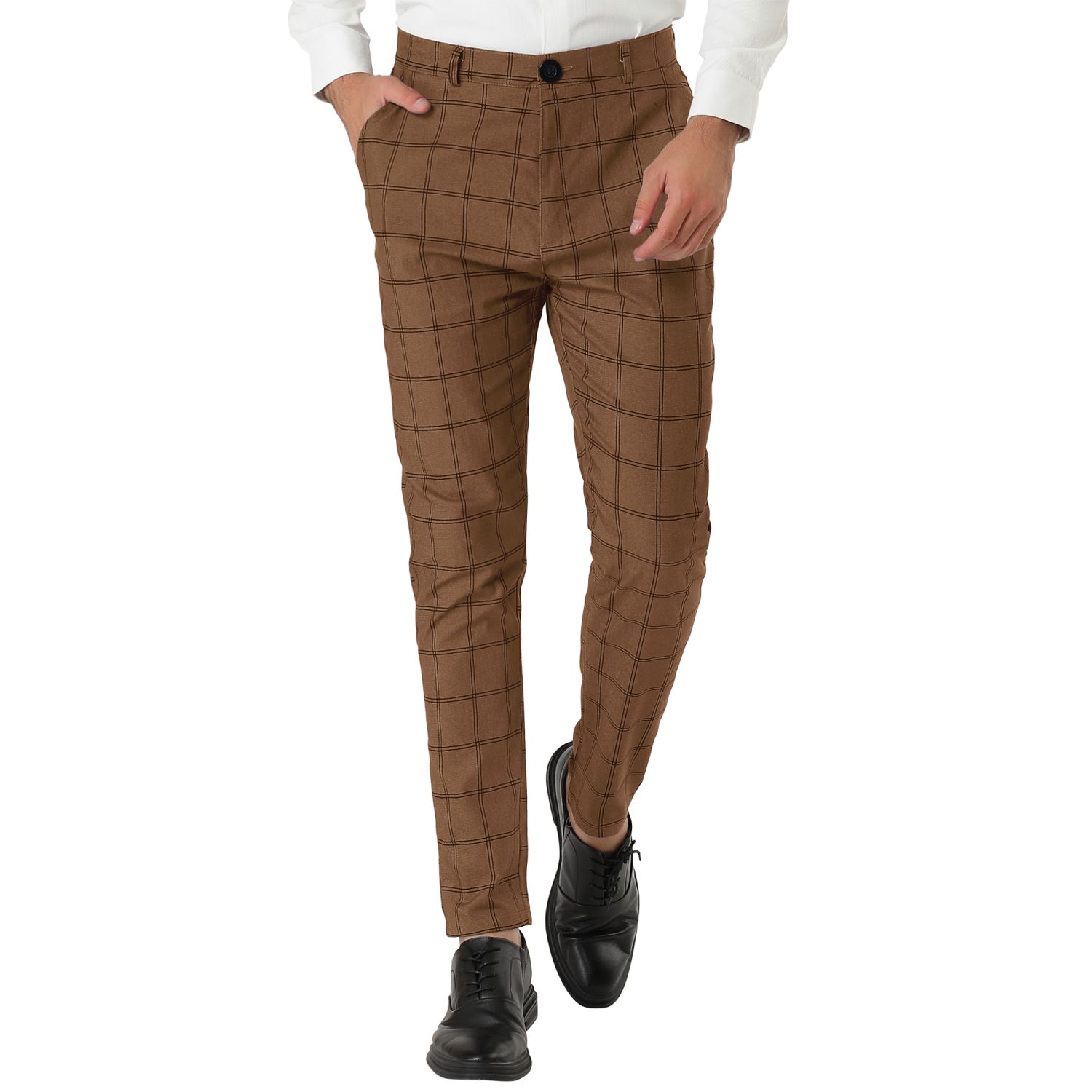 Men's Plaid Slim Fit Flat Front Dress Pants With Pockets