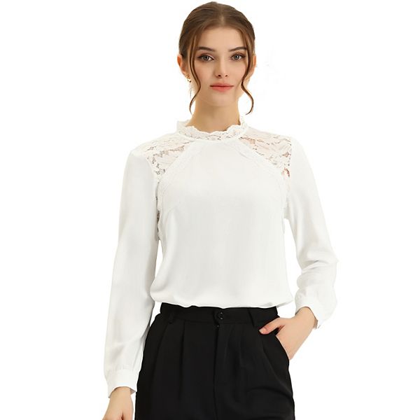 Women's Elegant Stand Collar Long Sleeve Lace Panel Blouse Top