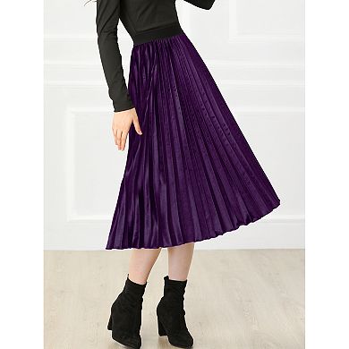 Women's High Elastic Waist Swing Flare Hem Velvet Pleated Skirt