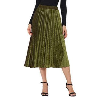 Women's High Elastic Waist Swing Flare Hem Velvet Pleated Skirt