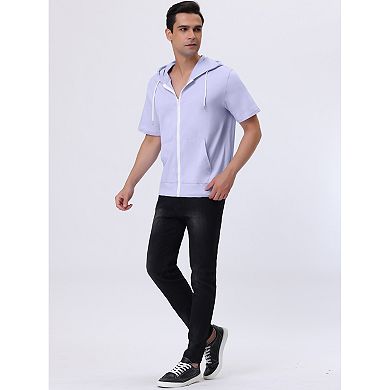 Men's Short Sleeve Hoodie Solid Color Zip up Hoodies