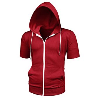Men's Short Sleeve Hoodie Solid Color Zip up Hoodies