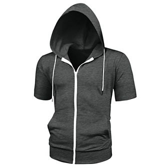 Men's Short Sleeve Hoodie Solid Color Zip up Hoodies