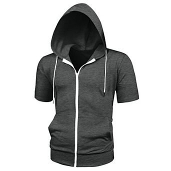 Men's Short Sleeve Hoodie Solid Color Zip Up Hoodies