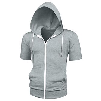 Men's Short Sleeve Hoodie Solid Color Zip up Hoodies