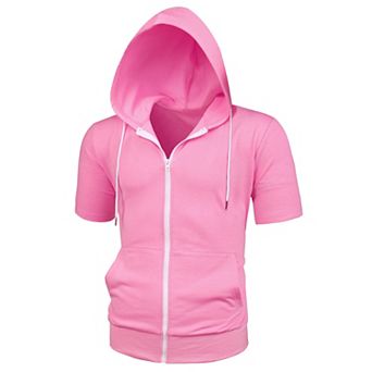 Men's Short Sleeve Hoodie Solid Color Zip up Hoodies