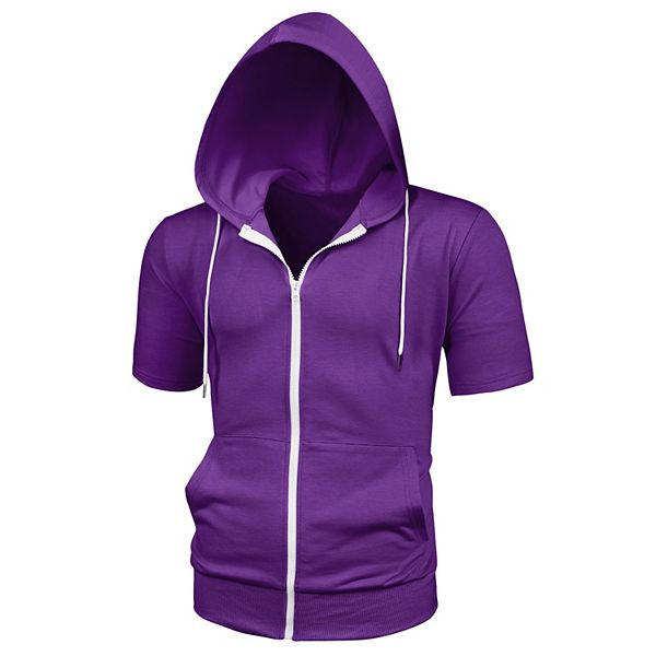 Men's Short Sleeve Hoodie Solid Color Zip up Hoodies