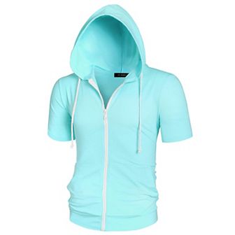 Men's Short Sleeve Hoodie Solid Color Zip up Hoodies