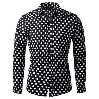 Men's Polka Dots Printed Long Sleeve Button Down Slim Dress Shirt