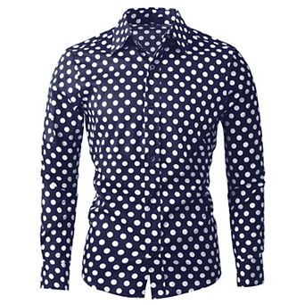 Men's Polka Dots Printed Long Sleeve Button Down Slim Dress Shirt