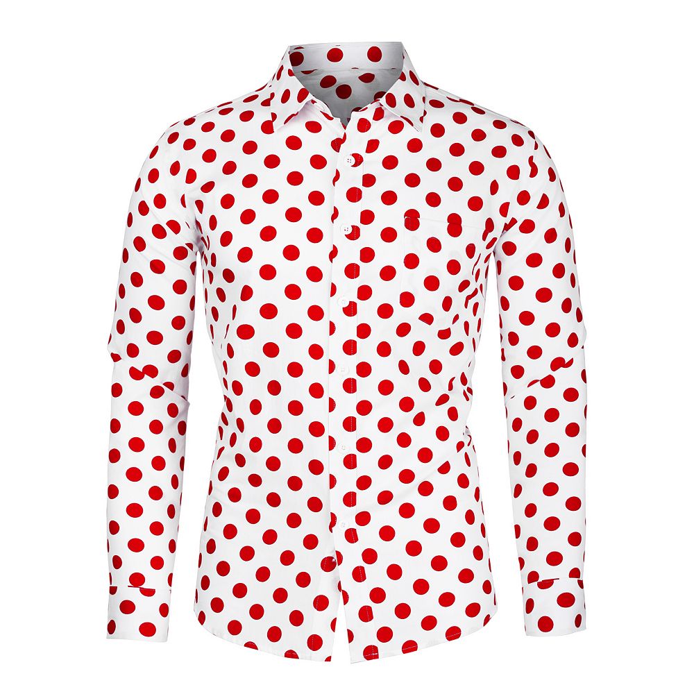 Men's Polka Dots Printed Long Sleeve Button Down Slim Dress Shirt