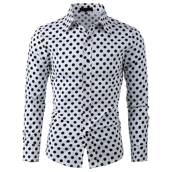 Men's Polka Dots Printed Long Sleeve Button Down Slim Dress Shirt