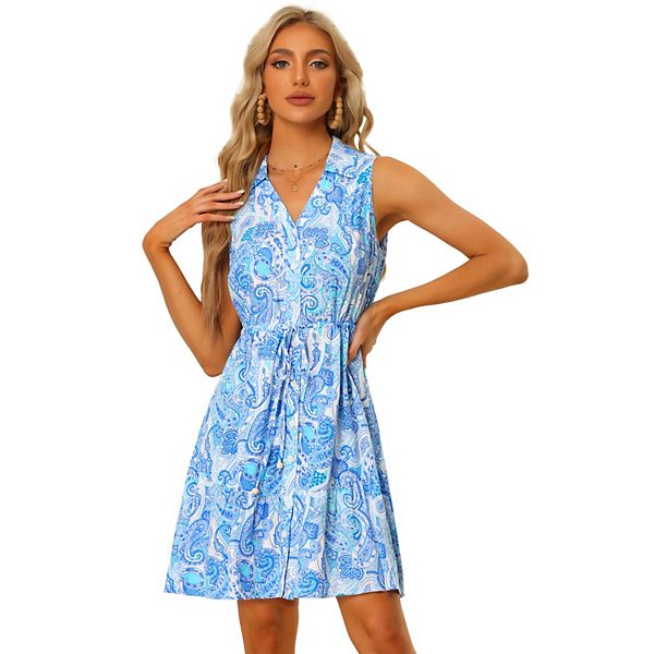 Women's Paisley Pattern Sleeveless Shirtdress with Drawstring Waist