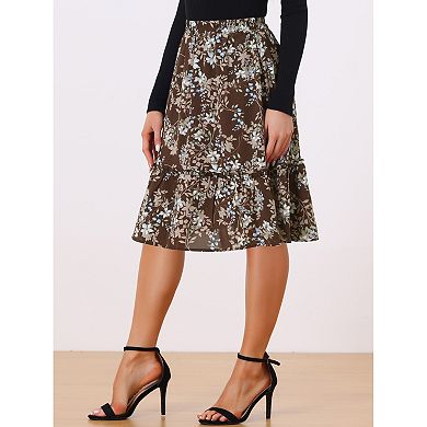 Women's Ruffle Hem Flowy Tiered A-line Floral Midi Skirt
