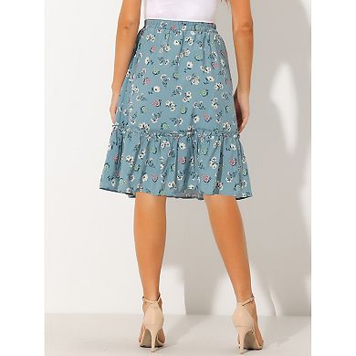 Women's Ruffle Hem Flowy Tiered A-line Floral Midi Skirt