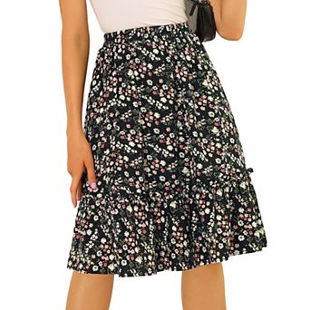 Women's Ruffle Hem Flowy Tiered A-Line Floral Midi Skirt
