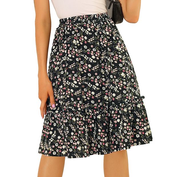 Women s Ruffle Hem Flowy Tiered A line Floral Midi Skirt