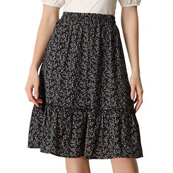 Women's Ruffle Hem Flowy Tiered A-Line Floral Midi Skirt