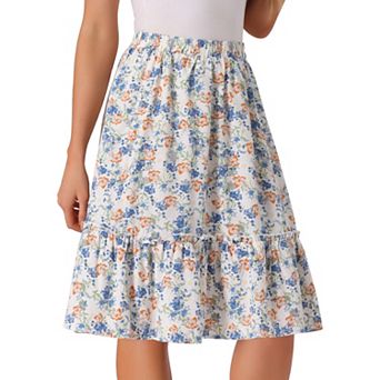 Women's Ruffle Hem Flowy Tiered A-Line Floral Midi Skirt
