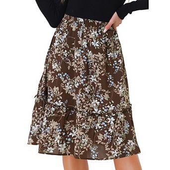 Women's Ruffle Hem Flowy Tiered A-Line Floral Midi Skirt