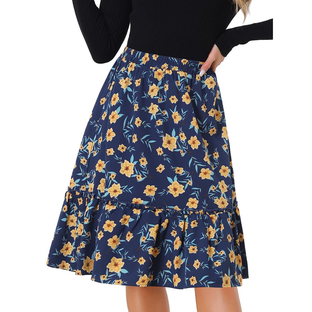 Women's Ruffle Hem Flowy Tiered A-line Floral Midi Skirt