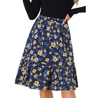 Women's Ruffle Hem Flowy Tiered A-Line Floral Midi Skirt