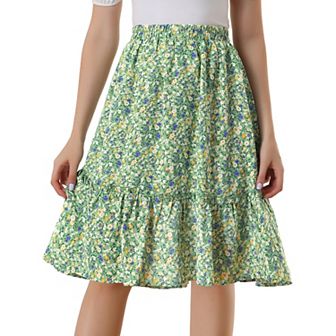 Women's Ruffle Hem Flowy Tiered A-Line Floral Midi Skirt