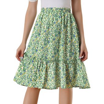 Women's Ruffle Hem Flowy Tiered A-line Floral Midi Skirt