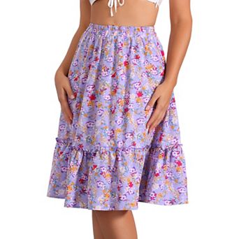 Women's Ruffle Hem Flowy Tiered A-line Floral Midi Skirt