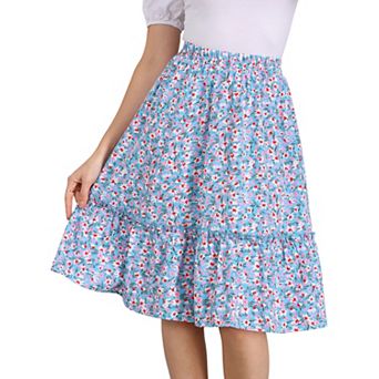 Women's Ruffle Hem Flowy Tiered A-Line Floral Midi Skirt