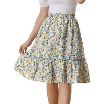 Women's Ruffle Hem Flowy Tiered A-Line Floral Midi Skirt