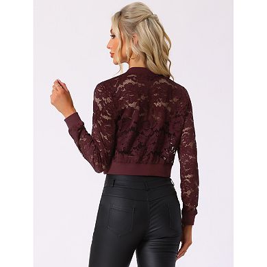 Women's Sheer Crochet Lace Long Sleeve Zipper Cropped Bomber Jacket