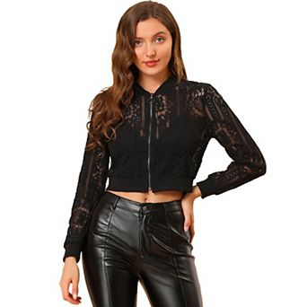 Women's Sheer Crochet Lace Long Sleeve Zipper Cropped Bomber Jacket