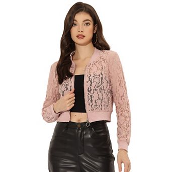 Women's Sheer Crochet Lace Long Sleeve Zipper Cropped Bomber Jacket