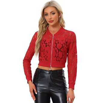 Women's Sheer Crochet Lace Long Sleeve Zipper Cropped Bomber Jacket