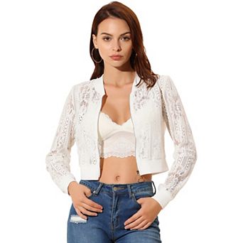 Women's Sheer Crochet Lace Long Sleeve Zipper Cropped Bomber Jacket