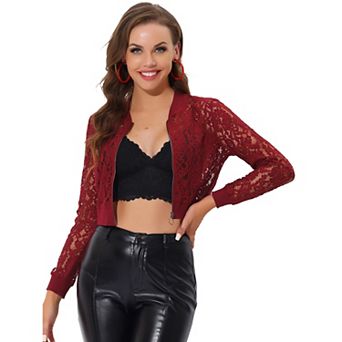 Women's Sheer Crochet Lace Long Sleeve Zipper Cropped Bomber Jacket